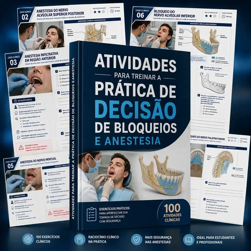 Mockup do material Atividades para Treinar a Prática de Decisão de Bloqueios e Anestesia, com fichas de casos clínicos